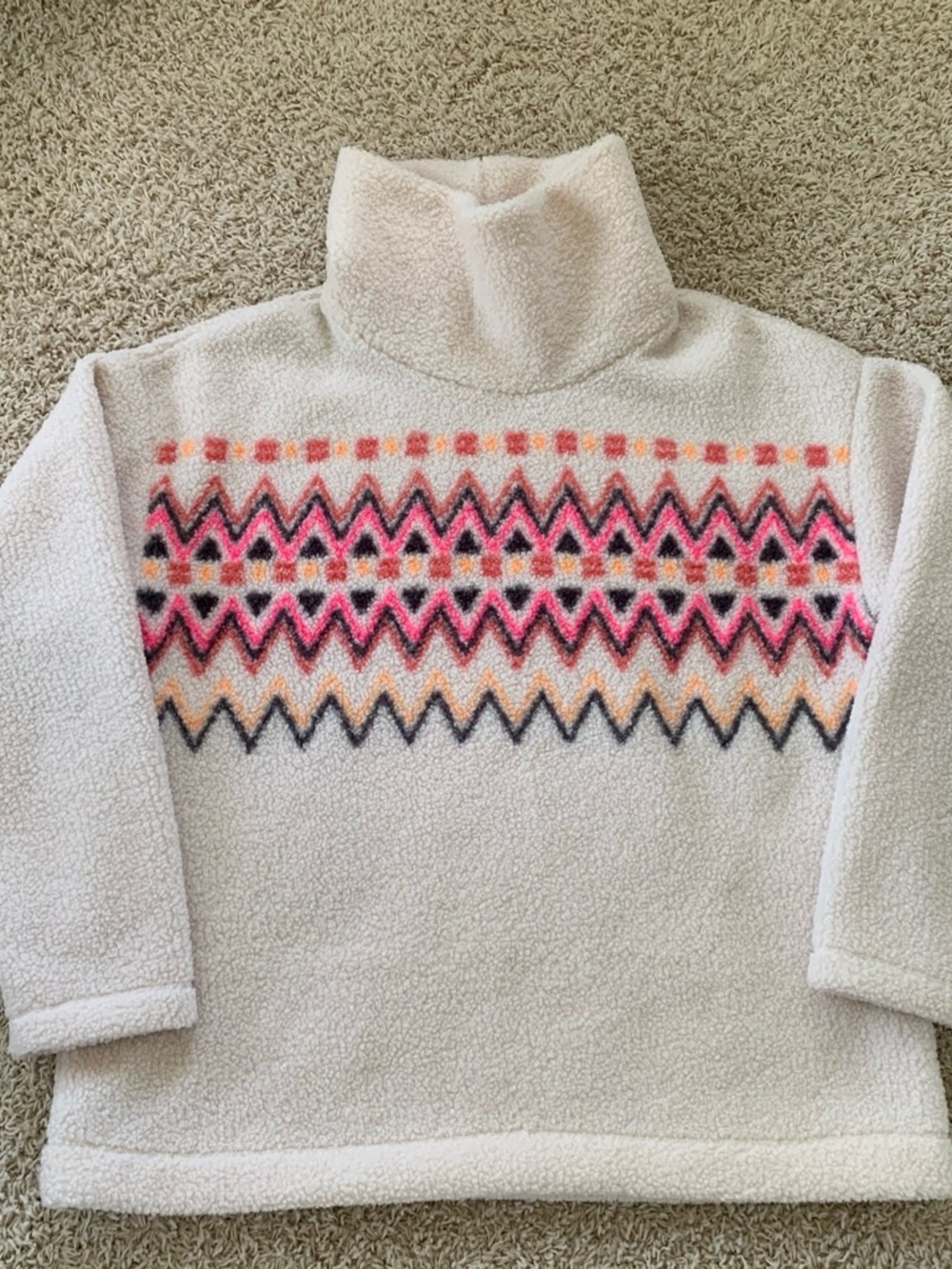 LOFT Ivory Sherpa Turtleneck Pullover with Pink & Orange Fair Isle